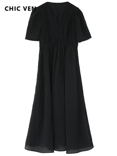 CHIC VEN Women Dresses French Style Vintage V-neck Puff Sleeve Long Dress Solid Black Loose Female Clothing Summer New 2023 - Smarsty