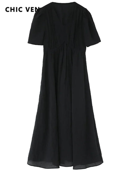 CHIC VEN Women Dresses French Style Vintage V-neck Puff Sleeve Long Dress Solid Black Loose Female Clothing Summer New 2023 - Smarsty