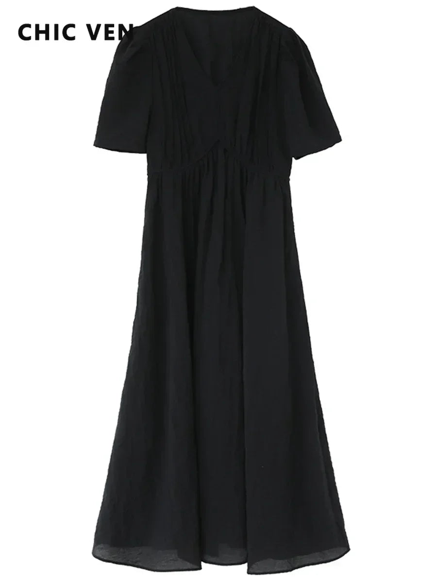 CHIC VEN Women Dresses French Style Vintage V-neck Puff Sleeve Long Dress Solid Black Loose Female Clothing Summer New 2023 - Smarsty