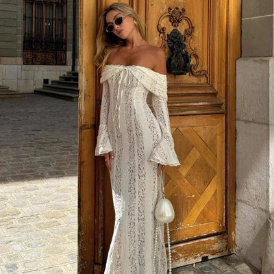 Suninheart White Off The Shoulder Autumn Bodycon Dress 2025 Long Sleeve Elegant Lace Maxi Dress Wedding Guest Dress for Women - Smarsty
