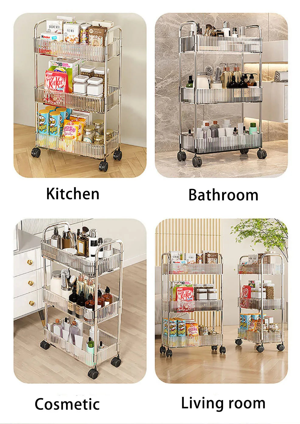 Mobile Shelf with Wheel Multi-Layers Storage Rack Home Trolley for Snacks Cosmetic Sundries Organizer 2/3/4 Tiers Rolling Cart