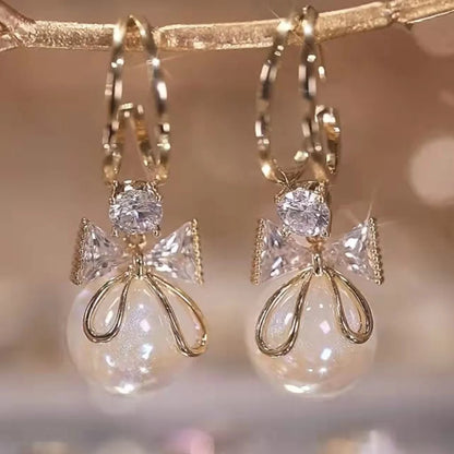 Korean Zircon Bow Drop Earrings with Imitation Pearl Flowers - Smarsty