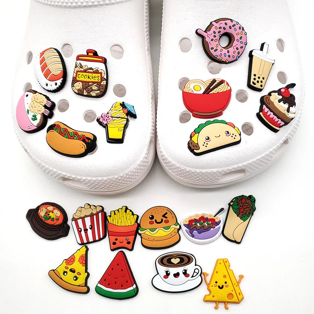 20pcs Food Series Cake Pizza PVC Shoe Charms Accessories Clogs Bubble Slides Sandals Shoe Buckles Decorations Pins Kids Gifts
