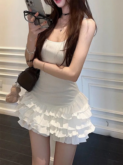Chic Y2K Sleeveless Mini Dress For Woman Summer Black Dresses Sexy Clubwear Party Slim fit Ruffle Pleated Short Dress - Smarsty