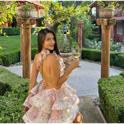Backless Party Dress Women Elegant 3D Flower Print Sling Lace Up Ruffle A-line Mini Evening Dresses Female 2025 Summer Swimwears - Smarsty