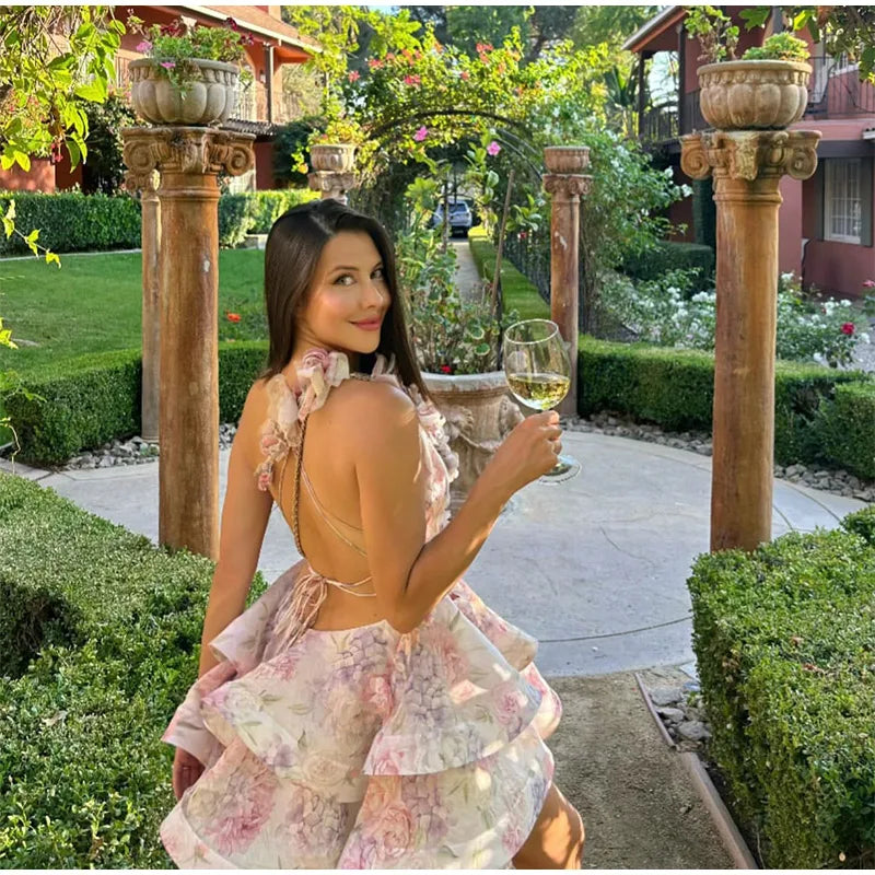 Backless Party Dress Women Elegant 3D Flower Print Sling Lace Up Ruffle A-line Mini Evening Dresses Female 2025 Summer Swimwears - Smarsty