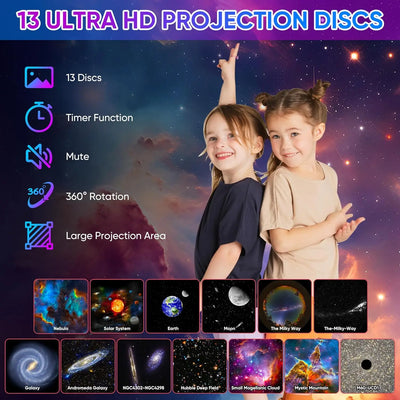 13 In 1 Galaxy Ultral Star Projector HD Image Area LED Night Light, 13 Film Discs,360° Rotate 1/2h Timer for Kids&Adults Bedroom - Smarsty