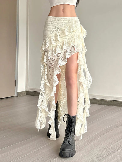 Nibber Tassels Women Skirts Irregular Hem Multi-Layered Ruffles Lace Patchwork Sweet Summer Trend Daily Skinny Versatile Bottoms - Smarsty