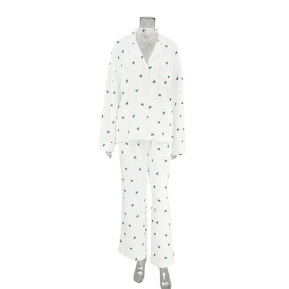 Summer New Love Heart Print Pyjama 100% Cotton Long Sleeve Set 2Pcs Outfit Lapel Sleepwear Button Down Women's Pajamas Nightwear - Smarsty