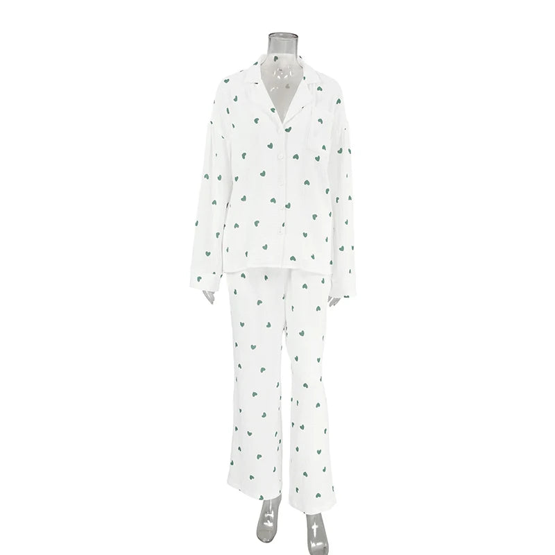 Summer New Love Heart Print Pyjama 100% Cotton Long Sleeve Set 2Pcs Outfit Lapel Sleepwear Button Down Women's Pajamas Nightwear - Smarsty