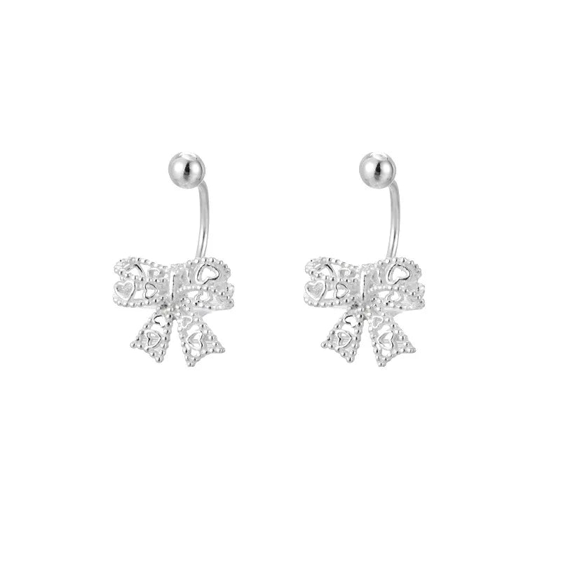 925 Sterling Silver Lace Heart Bow Stud Earrings Minimalist - Smarsty