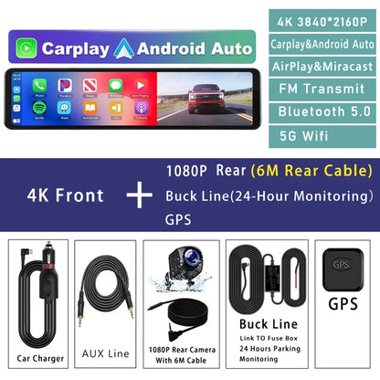 4K Dash Cam with GPS WiFi CarPlay Android Auto Mirror - Smarsty