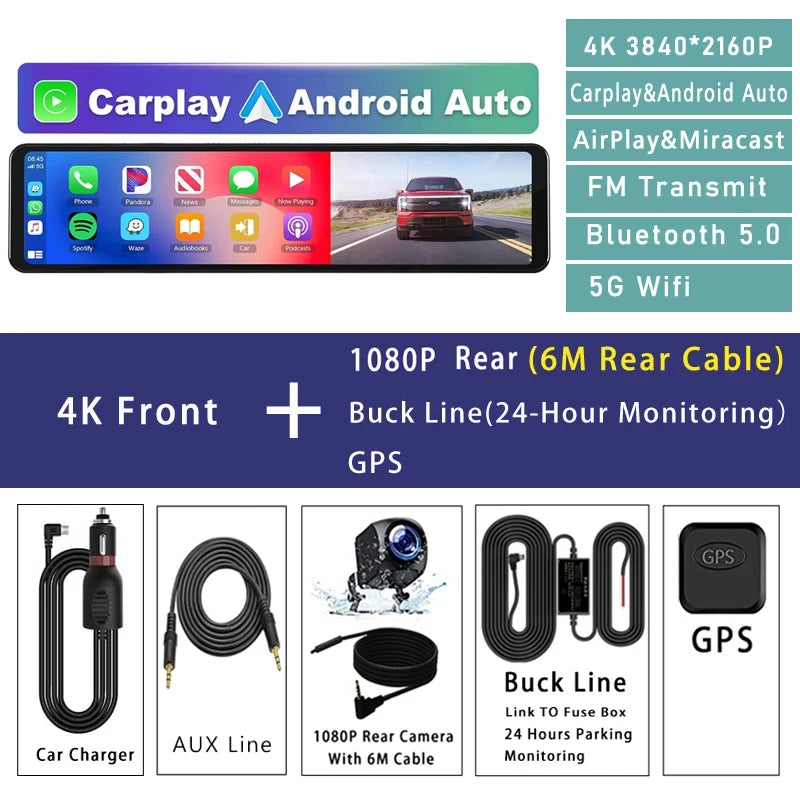 4K Dash Cam with GPS WiFi CarPlay Android Auto Mirror - Smarsty