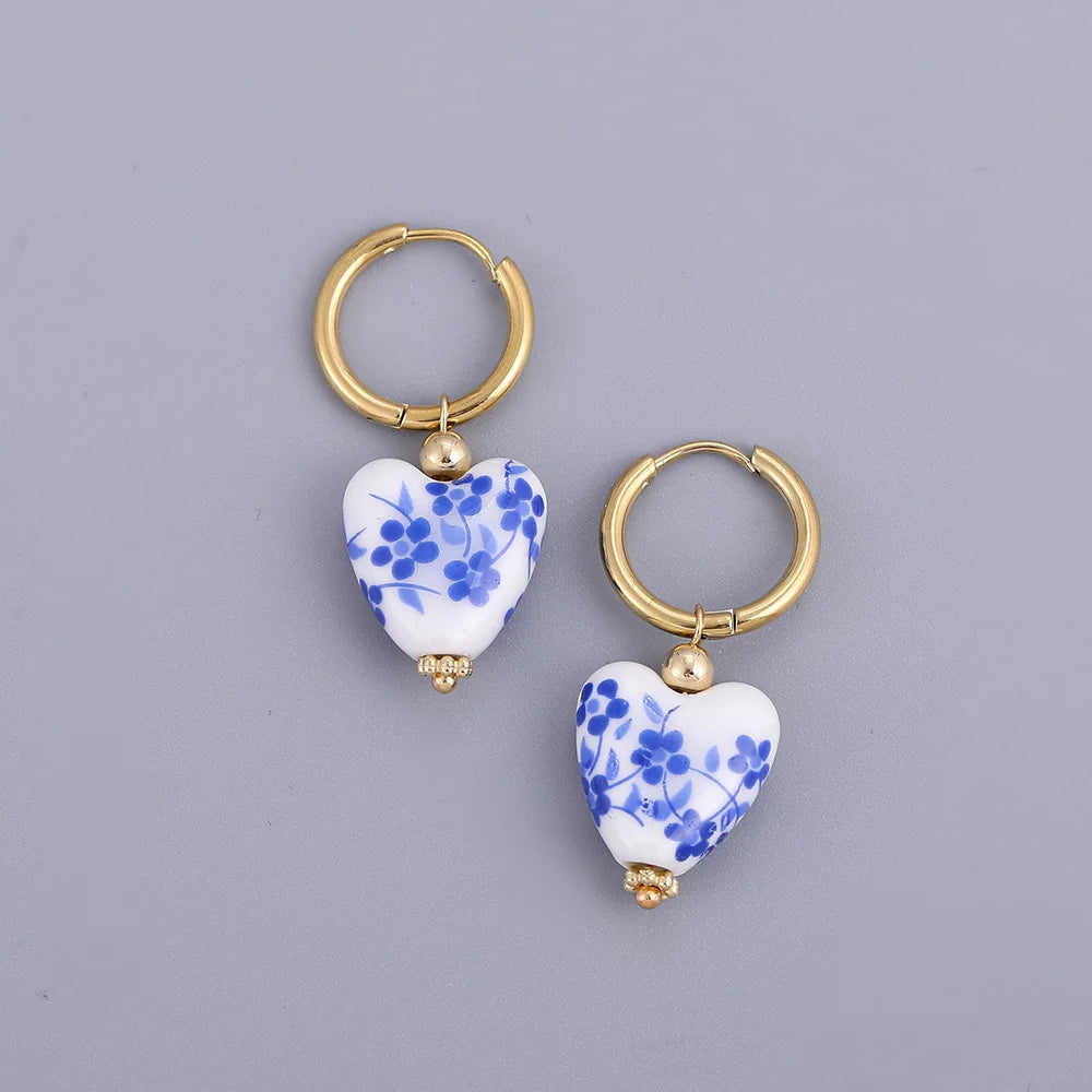 Vintage Blue White Porcelain Teapot Heart Dangle Earrings - Smarsty