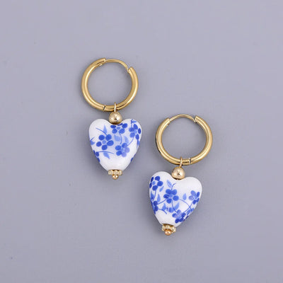 Vintage Blue White Porcelain Teapot Heart Dangle Earrings - Smarsty
