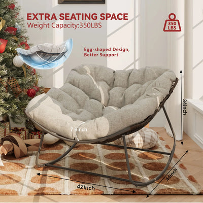 Outdoor Rocking Chair, Patio Wicker Egg Chair, Indoor Comfy Oversized Papasan Chair with Padded Cushion for Front Porch, Garden
