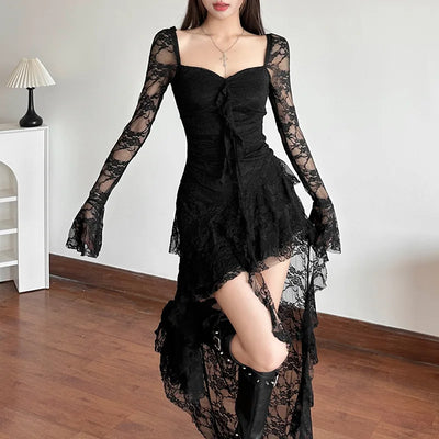 Goth Dark Fairycore Lace Flare Sleeve Square Neck A-line Dress Sweet E-girl Irregular Long Hem Dresses Cyber Y2K Party Vestido - Smarsty