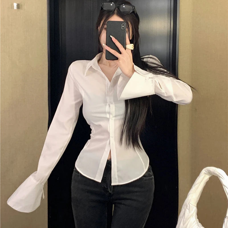 Gidyq Fashion Women Bandage Shirts Korean All Match Streetwear Female Slim Blouse Spring Casual White Bell Sleeve Shirt New - Smarsty