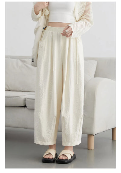 CHIC VEN Women White Pants Solid Casual Elastic Waist High Waisted Pleated Wide Leg Female Trousers  Fold Summer 2025 Clothing - Smarsty