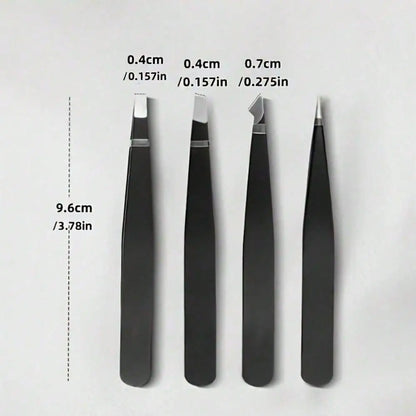 4Pcs Stainless Steel Tweezers - Precision Tool for Eyebrow Shaping, Hair & Beard Removal