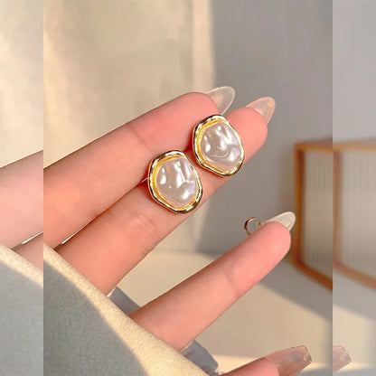 Geometric Metal Pearl Stud Earrings Minimalist Trendy - Smarsty