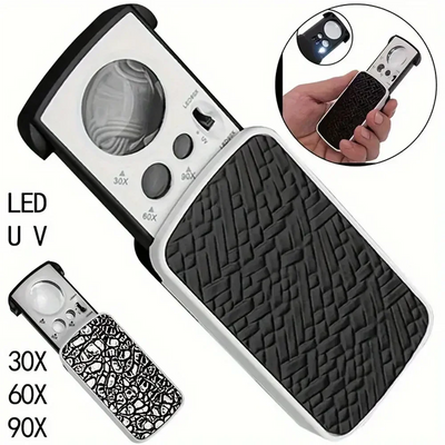 Portable Triplex Magnification Loupe 30X-90X-Slide-Out LED/UV Lighted Jewelry Magnifier for Precision Gemology & Micro-Engraving - Smarsty