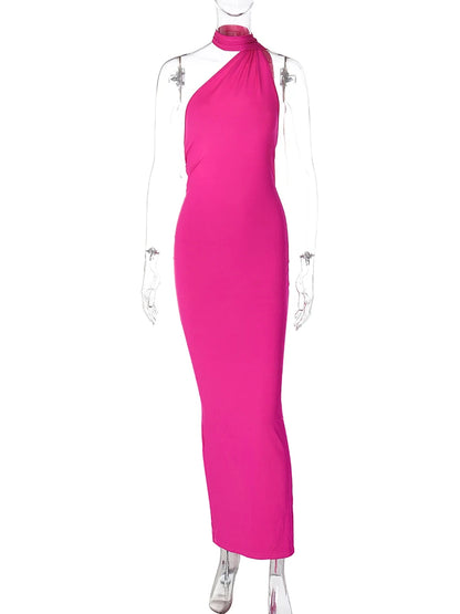 Hugcitar One Shoulder Backless Adjustable Scarf Loop Ruched Sexy Maxi Dress Women Elegant Y2K Streetwear Festival Outfit - Smarsty
