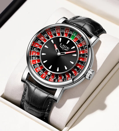 LIGE Waterproof Brown Leather Men's Roulette Watch - Smarsty