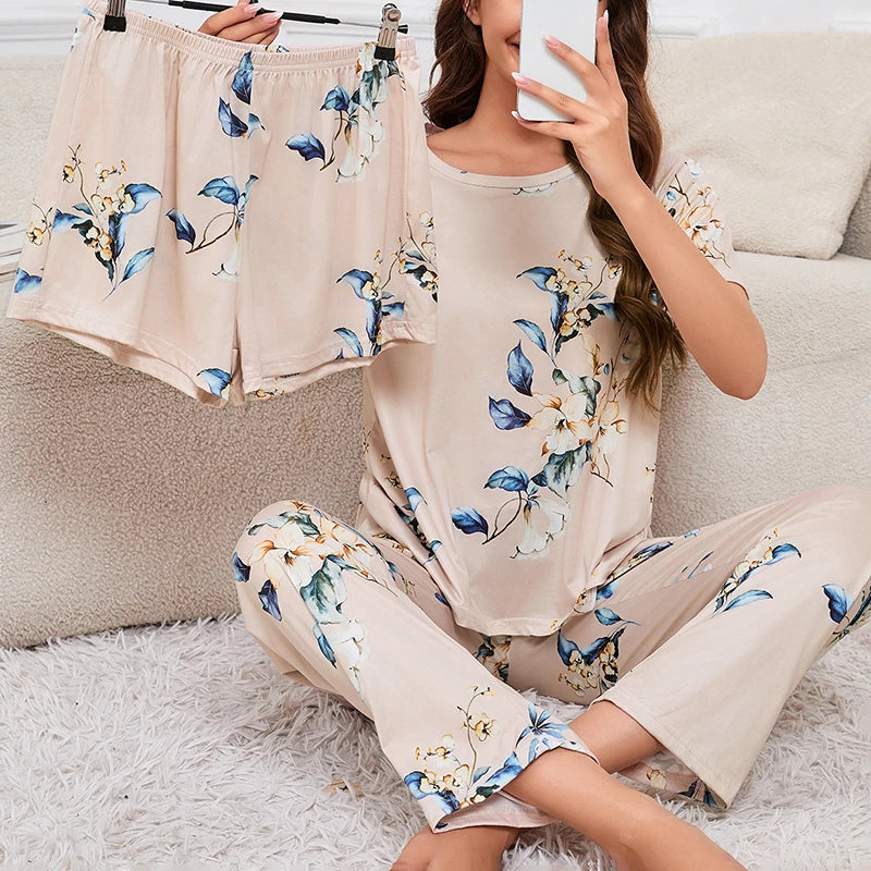 Women's Short Sleeve Crew Neck Top With Shorts And Pants 3 Piece Loungewear Sleepwear Lounge Sets Nighty Print Casual Pajama Set - Smarsty