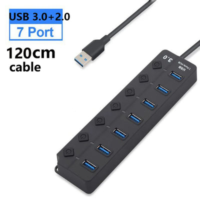 USB 3.0 Hub 7 Port High Speed Powered Switch Cable - Smarsty
