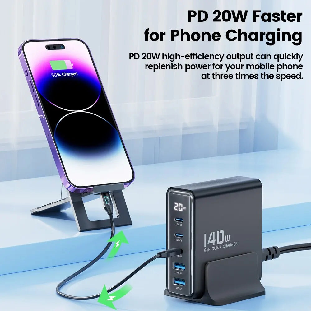 GaN USB Charger 140W 5in1 Desktop with LED Display Ports - Smarsty