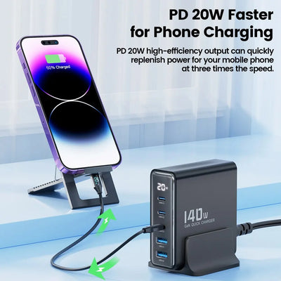 GaN USB Charger 140W 5in1 Desktop with LED Display Ports - Smarsty