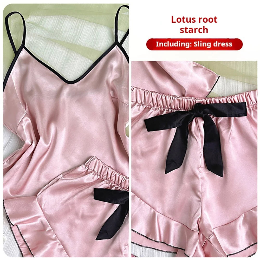 Women's Smooth Satin Pajamas V-Neck T-Shirt Ruffled Edges And Bow Shorts Simple And Breathable Pajama Set Sling Home Clothing - Smarsty