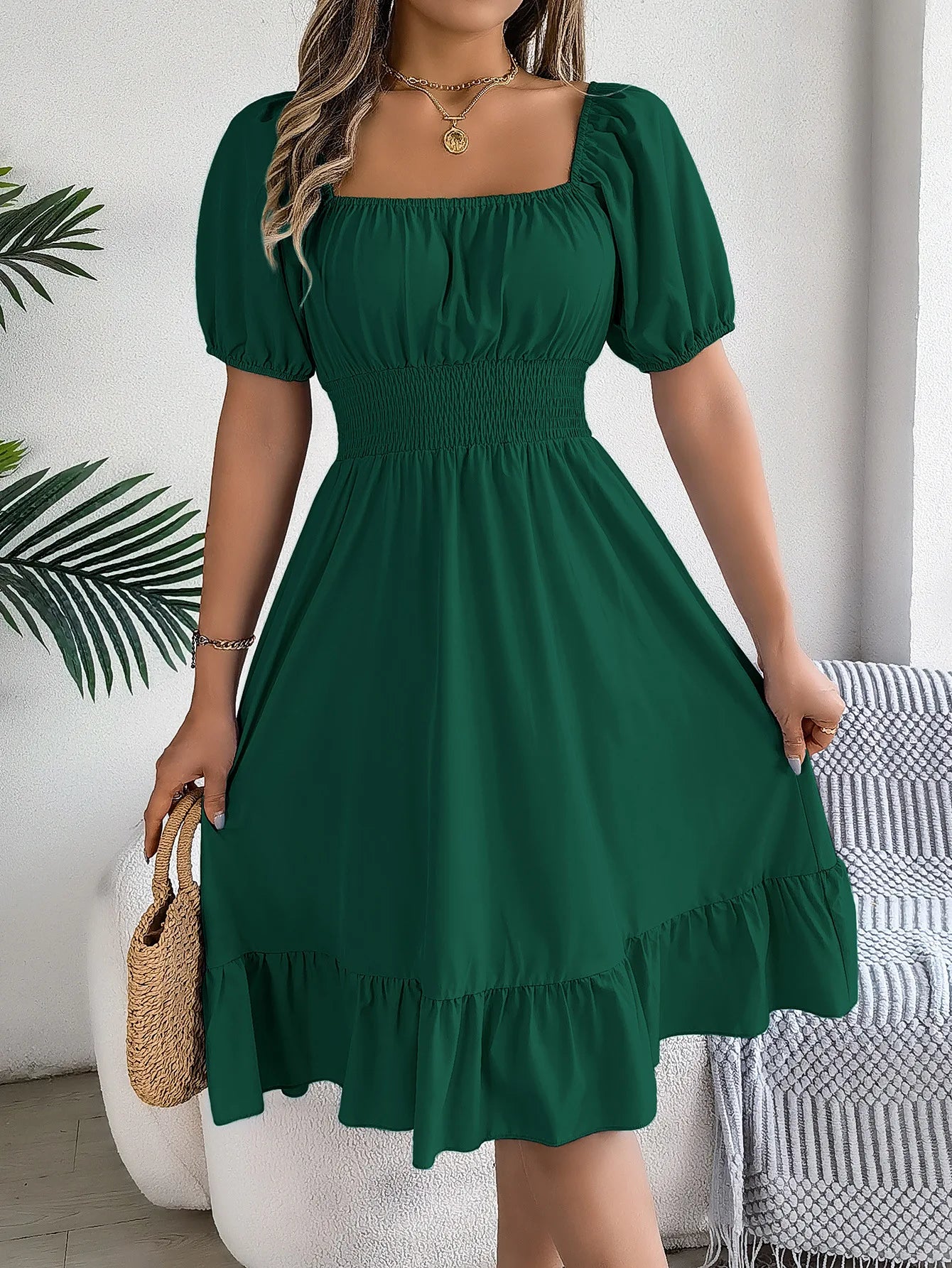 Women's MIidi Dresses 2024 Summer Casual Square Neck Short Sleeved Waist Ruffle Edge Dress Dress Women Elegant Платья Женские - Smarsty