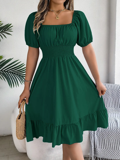 Women's MIidi Dresses 2024 Summer Casual Square Neck Short Sleeved Waist Ruffle Edge Dress Dress Women Elegant Платья Женские - Smarsty