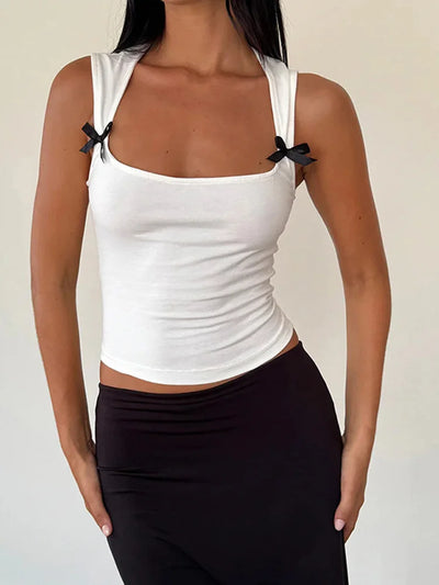 Y2K Women'S Bow Tie-Up Tank Tops Wide Shoulder Straps Bandage Camisole Sexy Low Cut Crop Tops Female Vest Tops - Smarsty