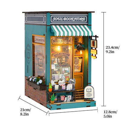 DIY Book Nook Shelf Insert Kit 3D Wooden Puzzle Doll House Assembly Building Model Bookends With Furniture LED Light Xmas Gifts by Smarsty