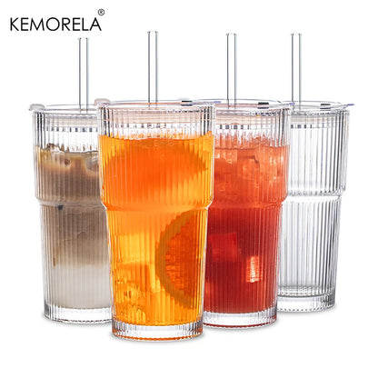 600ML Eco-Friendly Stripe Glass Coffee Cup with Lid - Smarsty