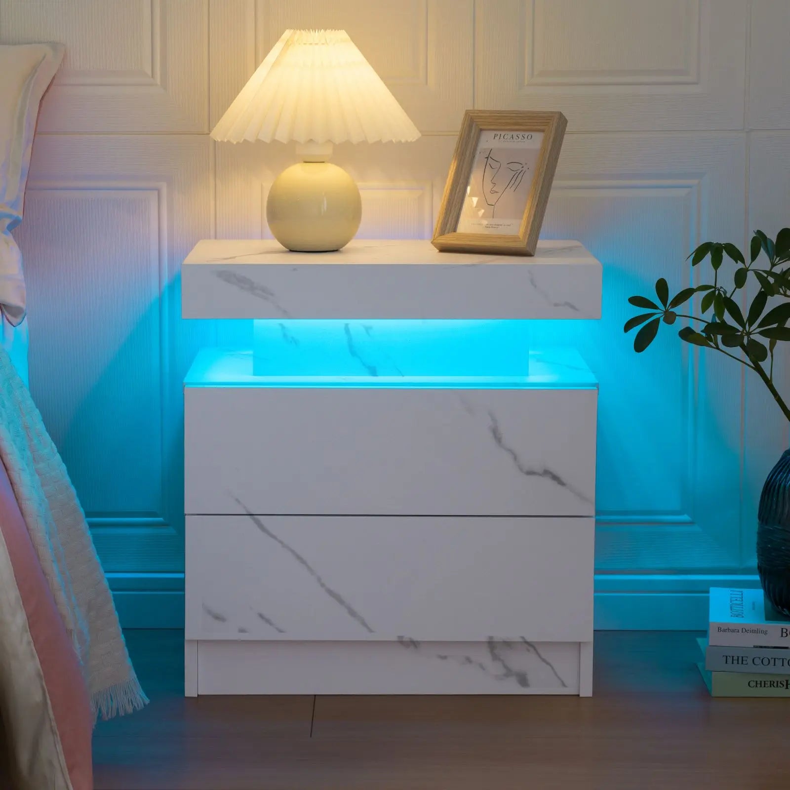 Cubehom LED Nightstands with 2 Drawers, End Table with RGB LED Lights for Bedroom Living Room, White Bedside Table