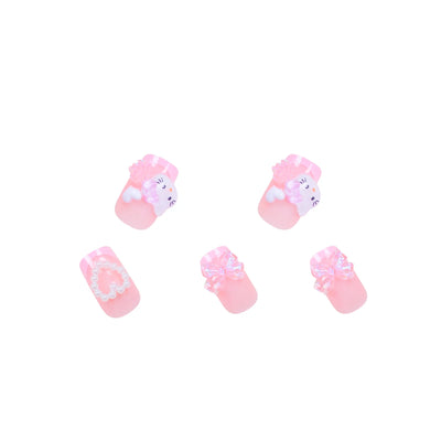 Cute Cartoon Cat Pink French Nail Set for Parties - Smarsty