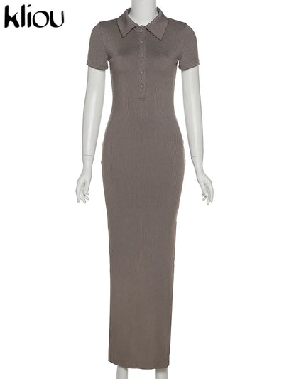 Kliou Elegant Office Lady Maxi Dress Women Solid Fashion Turn-down Collar Short Sleeve Button Side Slit Body-Shaping Street Robe - Smarsty