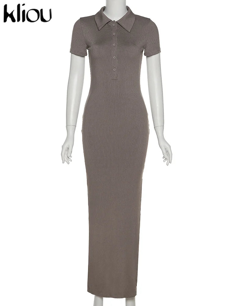 Kliou Elegant Office Lady Maxi Dress Women Solid Fashion Turn-down Collar Short Sleeve Button Side Slit Body-Shaping Street Robe - Smarsty