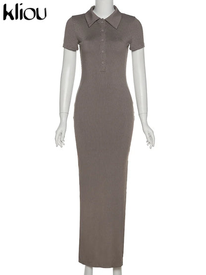 Kliou Elegant Office Lady Maxi Dress Women Solid Fashion Turn-down Collar Short Sleeve Button Side Slit Body-Shaping Street Robe - Smarsty
