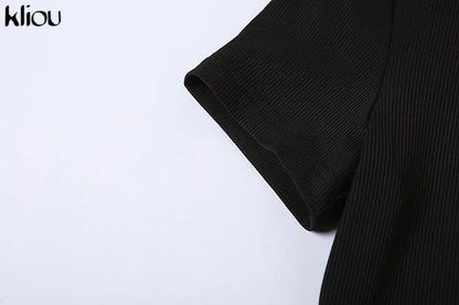 Kliou Elegant Office Lady Maxi Dress Women Solid Fashion Turn-down Collar Short Sleeve Button Side Slit Body-Shaping Street Robe - Smarsty