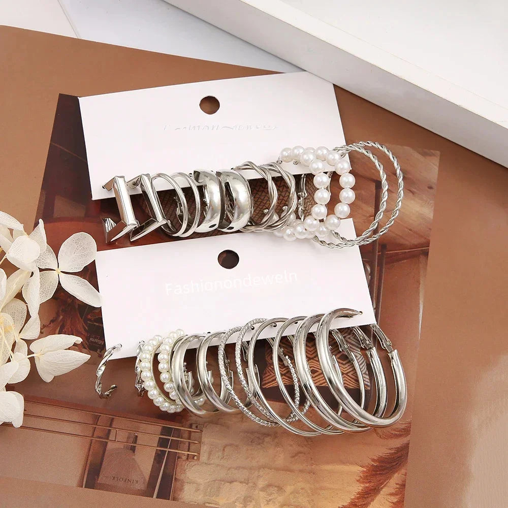 24 Pcs Vintage Silver Pearl Hoop Earrings Set - Smarsty
