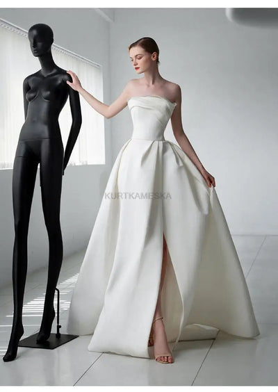 French Luxury White Satin Trailing Wedding Dresses for Bride 2025 Women Elegant Sexy Strapless Long Prom Party Dress vestidos - Smarsty