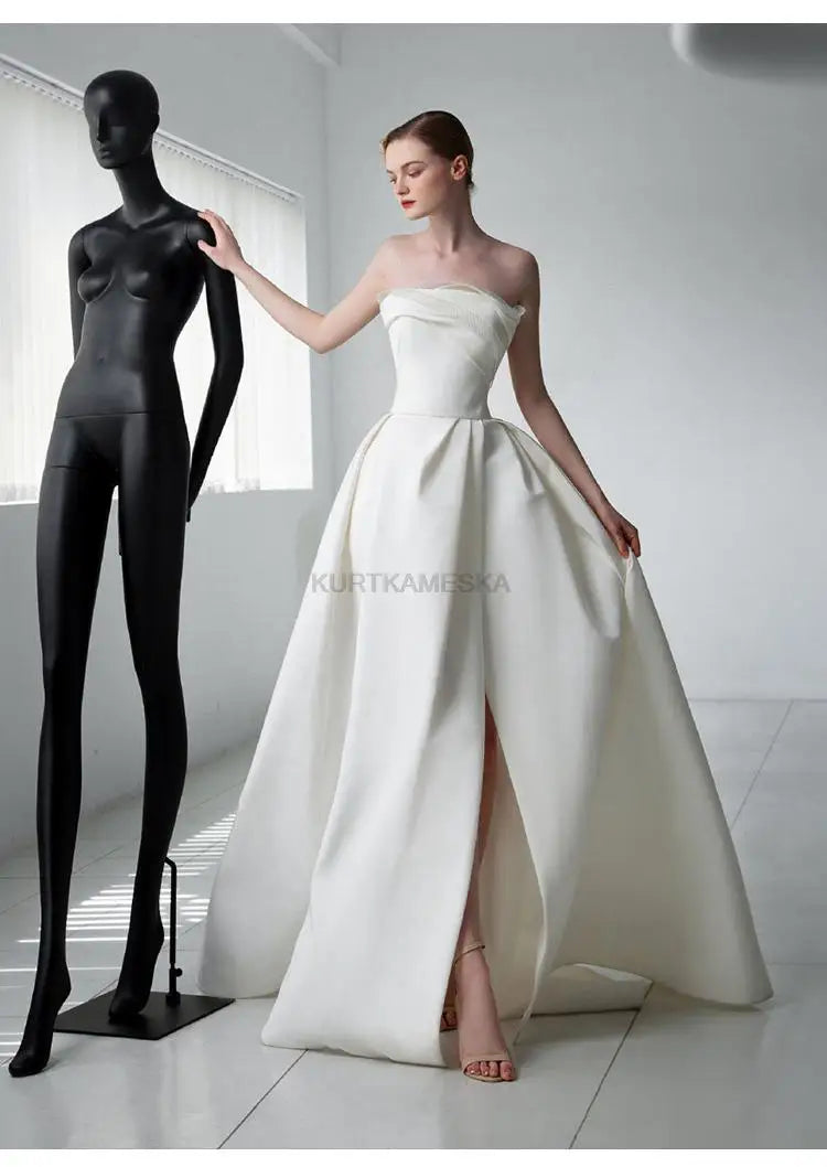 French Luxury White Satin Trailing Wedding Dresses for Bride 2025 Women Elegant Sexy Strapless Long Prom Party Dress vestidos
