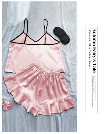 Women's Smooth Satin Pajamas V-Neck T-Shirt Ruffled Edges And Bow Shorts Simple And Breathable Pajama Set Sling Home Clothing - Smarsty