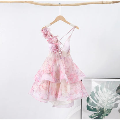 Backless Party Dress Women Elegant 3D Flower Print Sling Lace Up Ruffle A-line Mini Evening Dresses Female 2025 Summer Swimwears - Smarsty