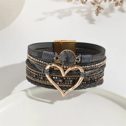 Women Leather Heart Charm Bracelet Rhinestone Wrap - Smarsty